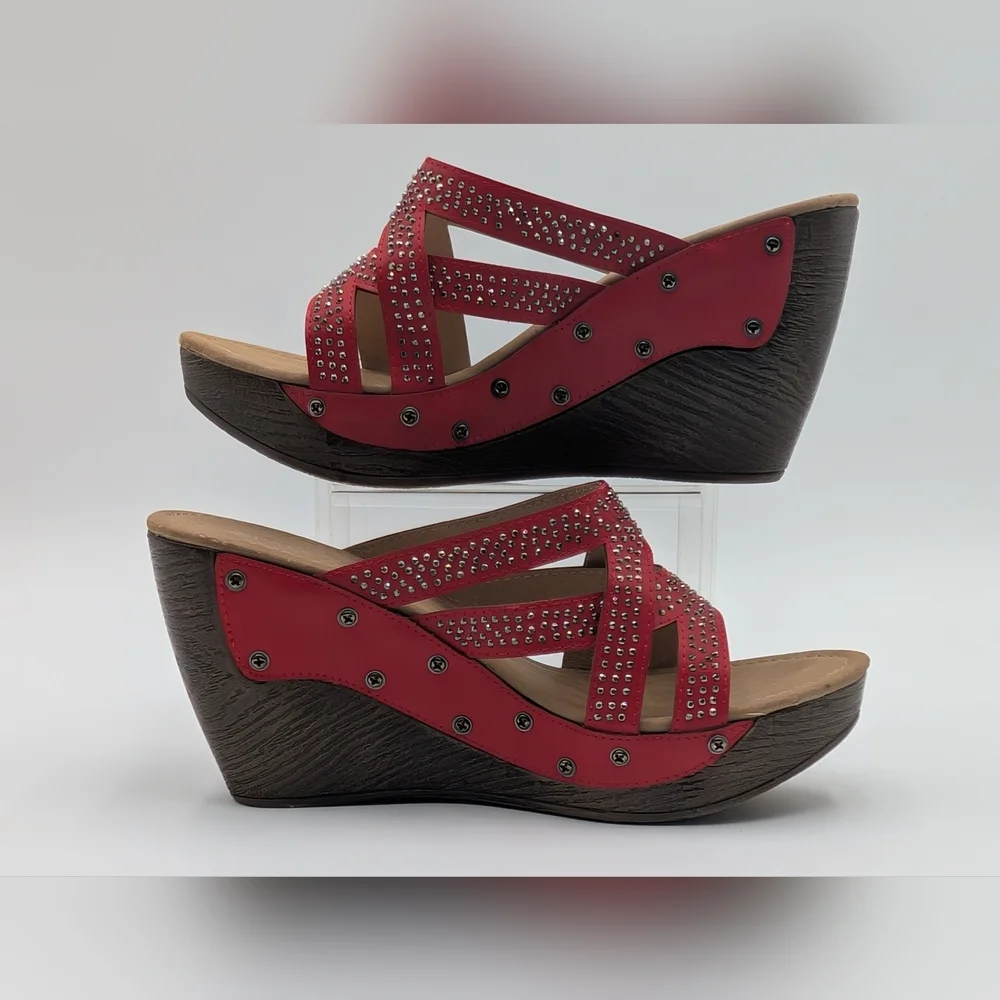 Patrizia By Spring Step Studded Red Sequin High Heel Wedge Sandal Sz US 9 EU 40 - Picture 3 of 16